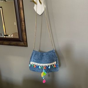 Cute straw raffia bag with colorful Pom Poms
